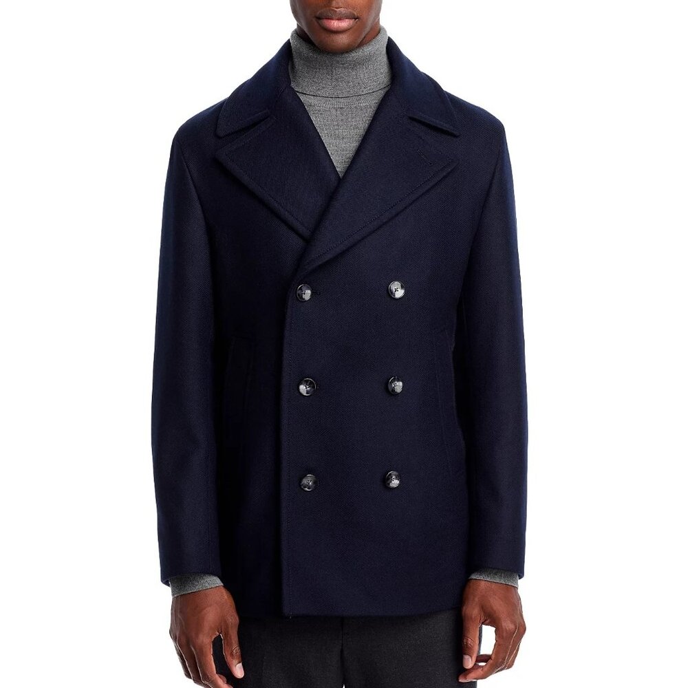 Hugo Boss Men's BOSS Clay Wool Peacoat Jacket Double Breasted Button Front Blue